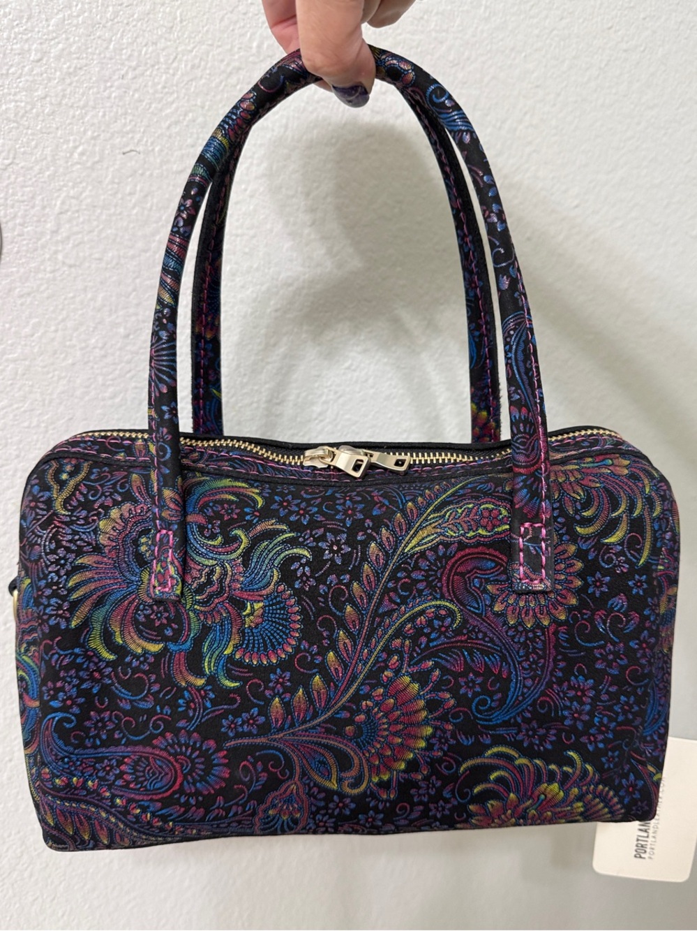 Portland Leather Black Multicolor Paisley Top-Handle Satchel